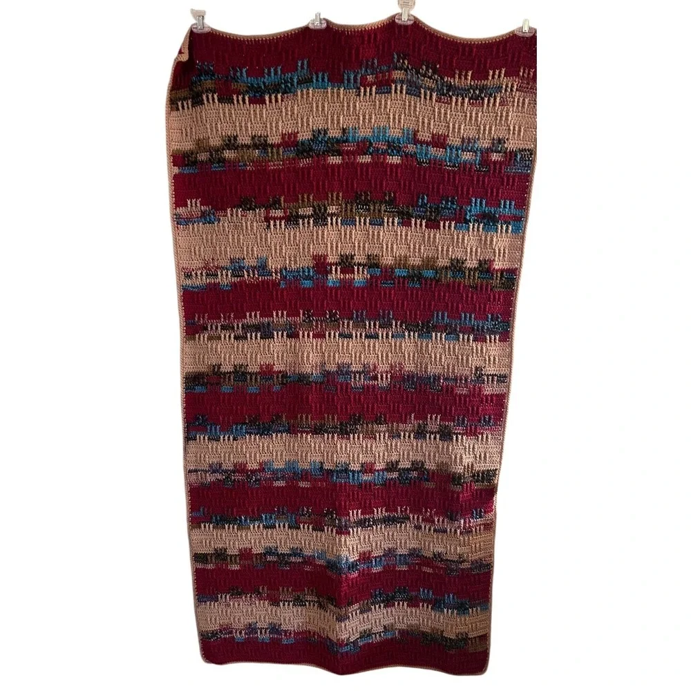 Handmade Crochet Burgundy Teal Taupe Throw Afghan Blanket Stripe Geo 33